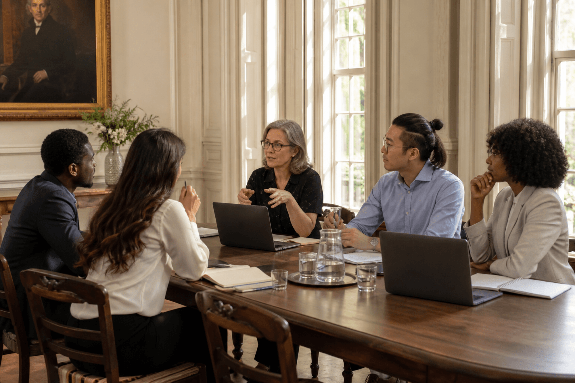 A small group workshop around a walnut table
